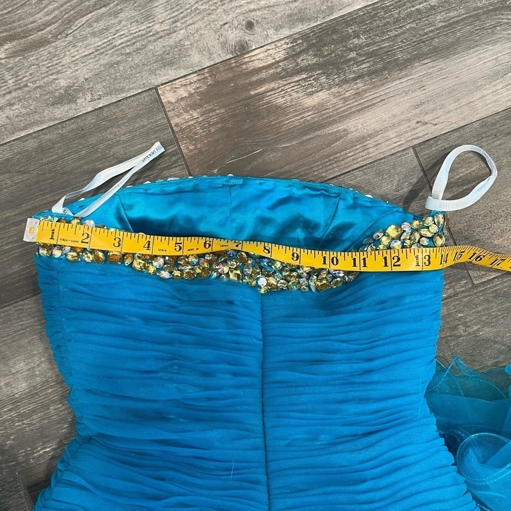 sherri hill 2326 Turquoise size 2 cocktail dress bow Rhinestone Flounce Ruffle - Picture 13 of 15